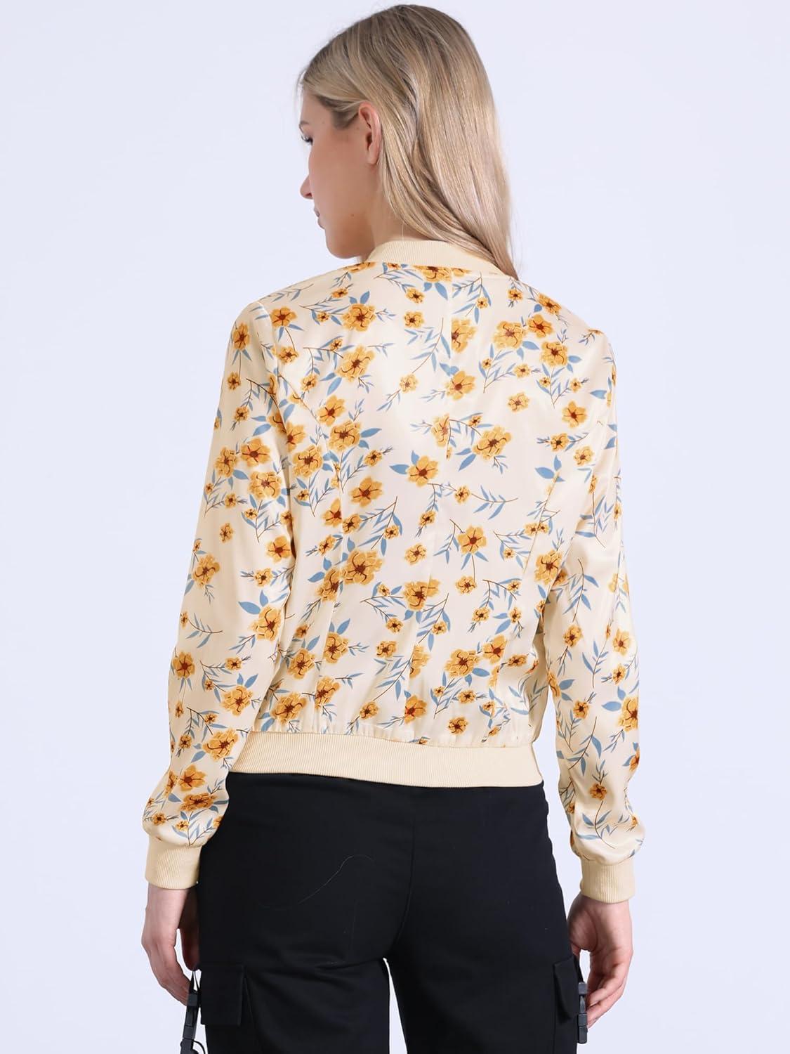 imageAllegra K Womens Bomber Jacket Satin Long Sleeve Zipper Floral Print Casual Fall Coat with Pocket Winter OutwearApricot Blue