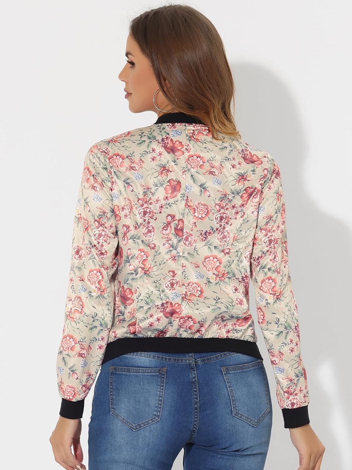 imageAllegra K Womens Bomber Jacket Satin Long Sleeve Zipper Floral Print Casual Fall Coat with Pocket Winter OutwearBeige