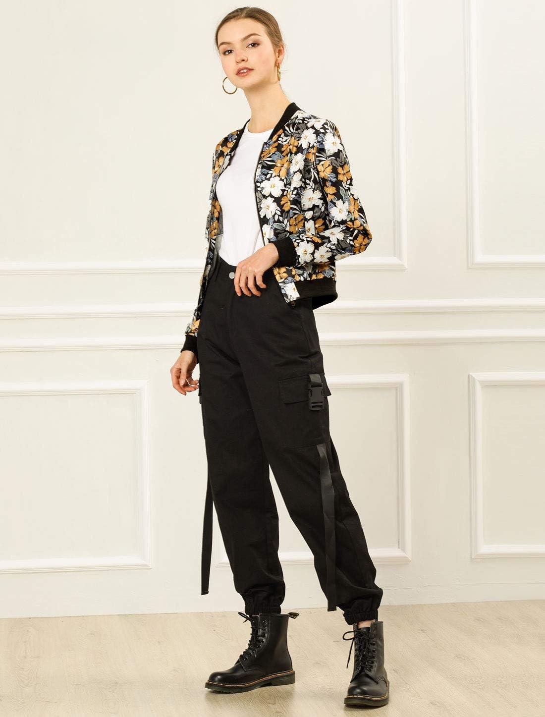 imageAllegra K Womens Bomber Jacket Satin Long Sleeve Zipper Floral Print Casual Fall Coat with Pocket Winter OutwearBlack