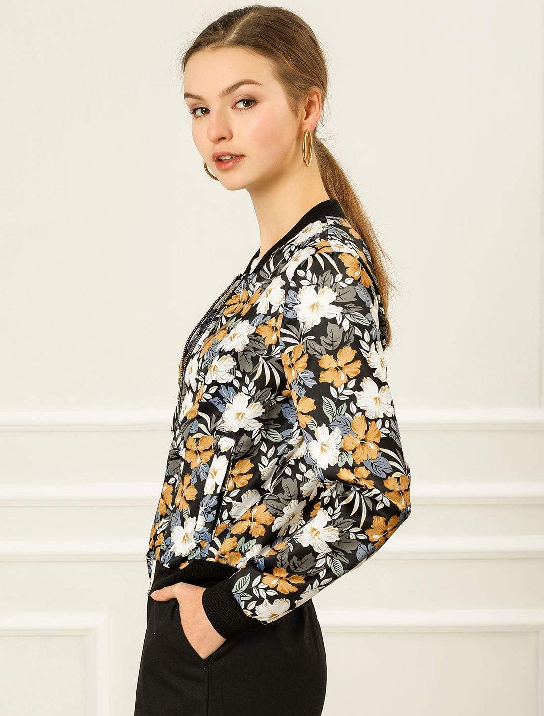 imageAllegra K Womens Bomber Jacket Satin Long Sleeve Zipper Floral Print Casual Fall Coat with Pocket Winter OutwearBlack
