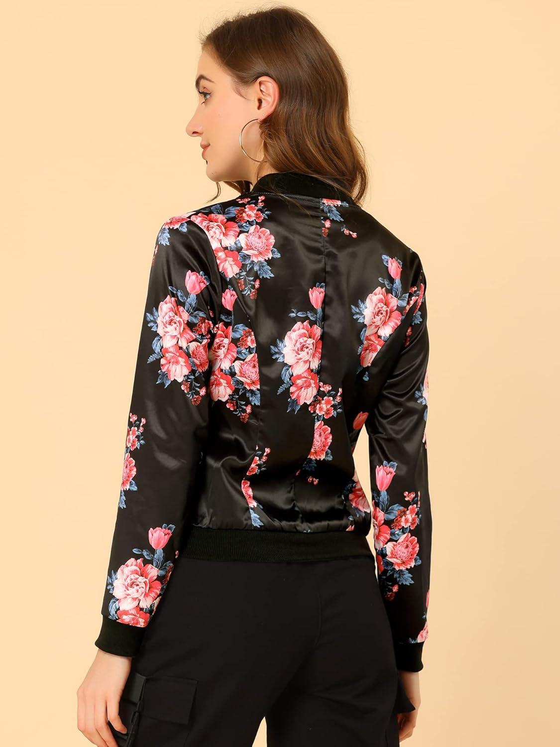 imageAllegra K Womens Bomber Jacket Satin Long Sleeve Zipper Floral Print Casual Fall Coat with Pocket Winter OutwearBlack Pink