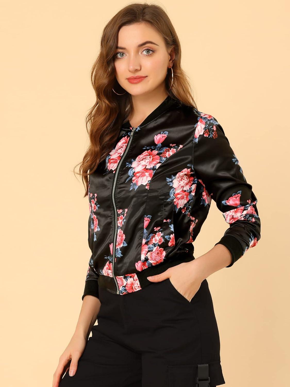 imageAllegra K Womens Bomber Jacket Satin Long Sleeve Zipper Floral Print Casual Fall Coat with Pocket Winter OutwearBlack Pink