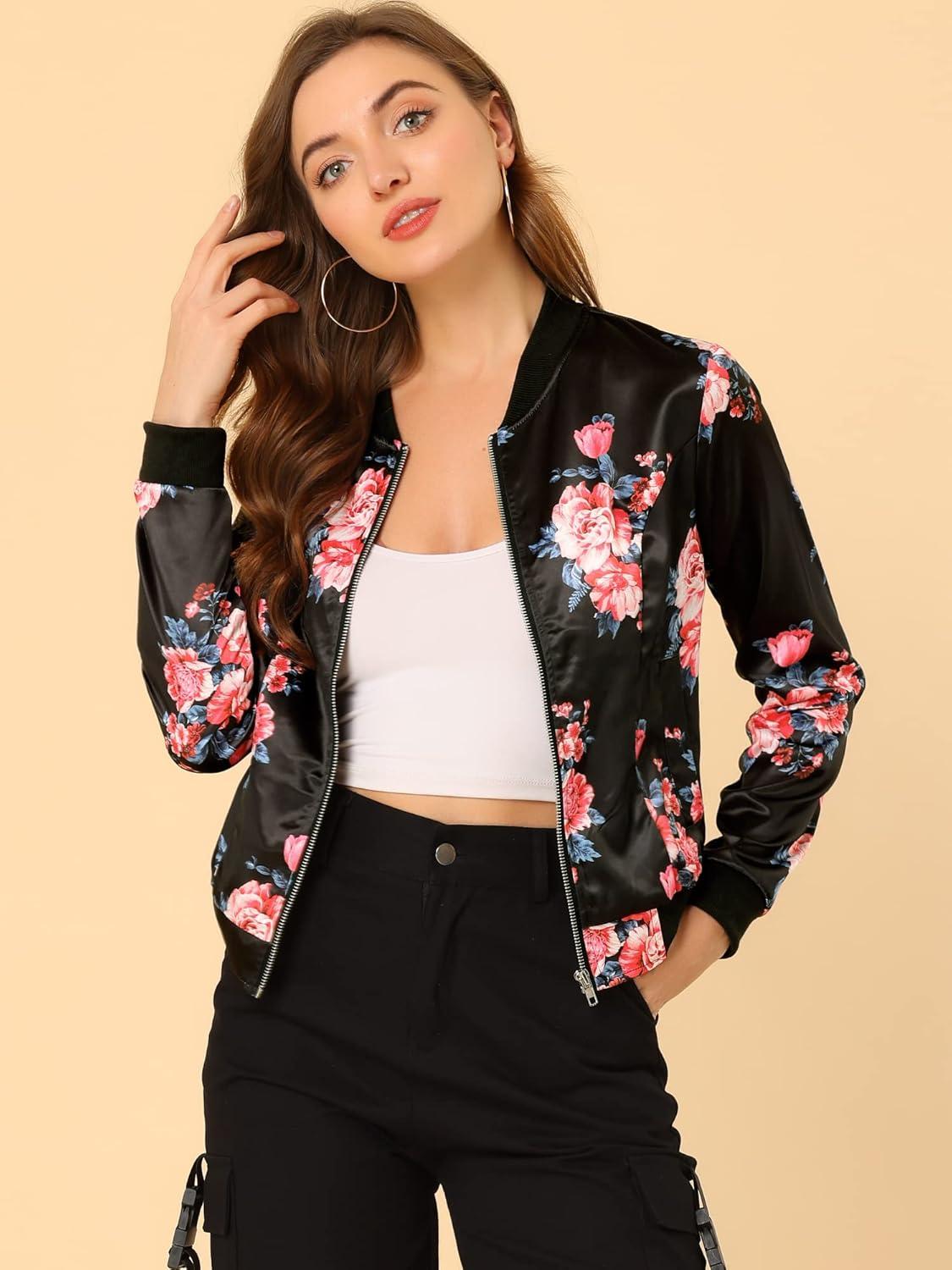 imageAllegra K Womens Bomber Jacket Satin Long Sleeve Zipper Floral Print Casual Fall Coat with Pocket Winter OutwearBlack Pink
