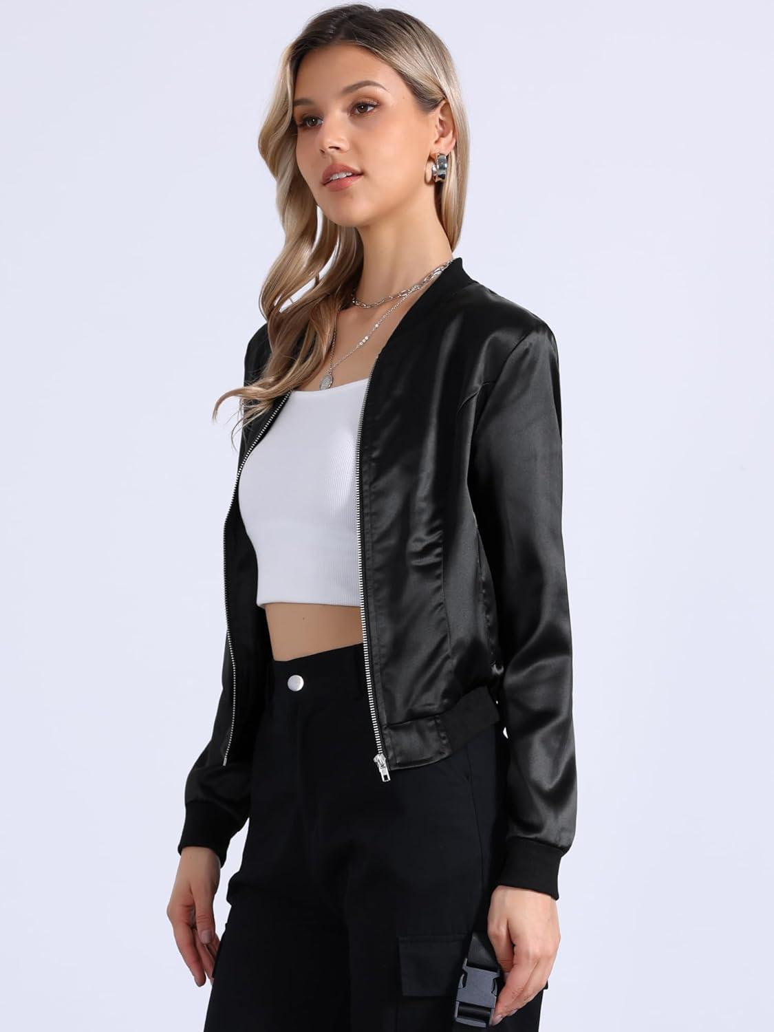 imageAllegra K Womens Bomber Jacket Satin Long Sleeve Zipper Floral Print Casual Fall Coat with Pocket Winter OutwearBlacks