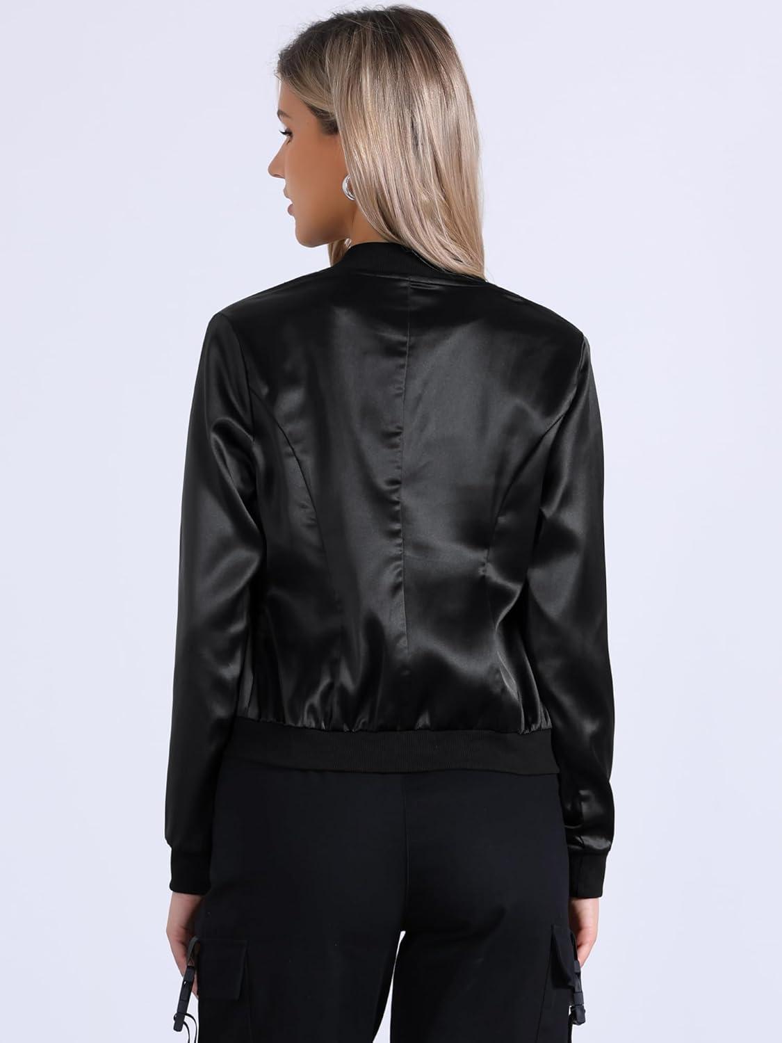 imageAllegra K Womens Bomber Jacket Satin Long Sleeve Zipper Floral Print Casual Fall Coat with Pocket Winter OutwearBlacks