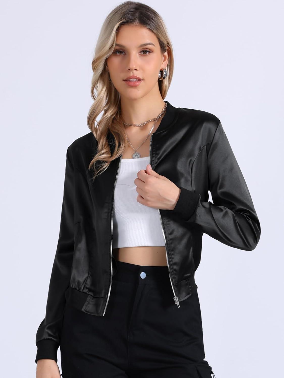 imageAllegra K Womens Bomber Jacket Satin Long Sleeve Zipper Floral Print Casual Fall Coat with Pocket Winter OutwearBlacks