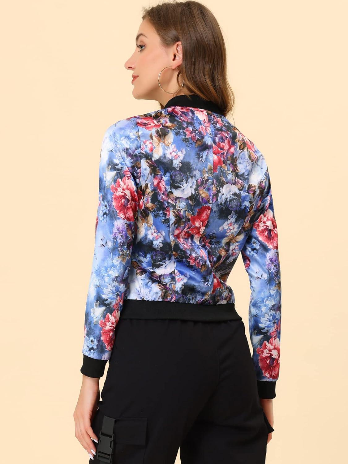 imageAllegra K Womens Bomber Jacket Satin Long Sleeve Zipper Floral Print Casual Fall Coat with Pocket Winter OutwearBlue