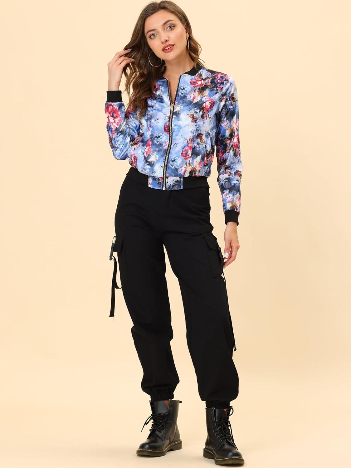 imageAllegra K Womens Bomber Jacket Satin Long Sleeve Zipper Floral Print Casual Fall Coat with Pocket Winter OutwearBlue