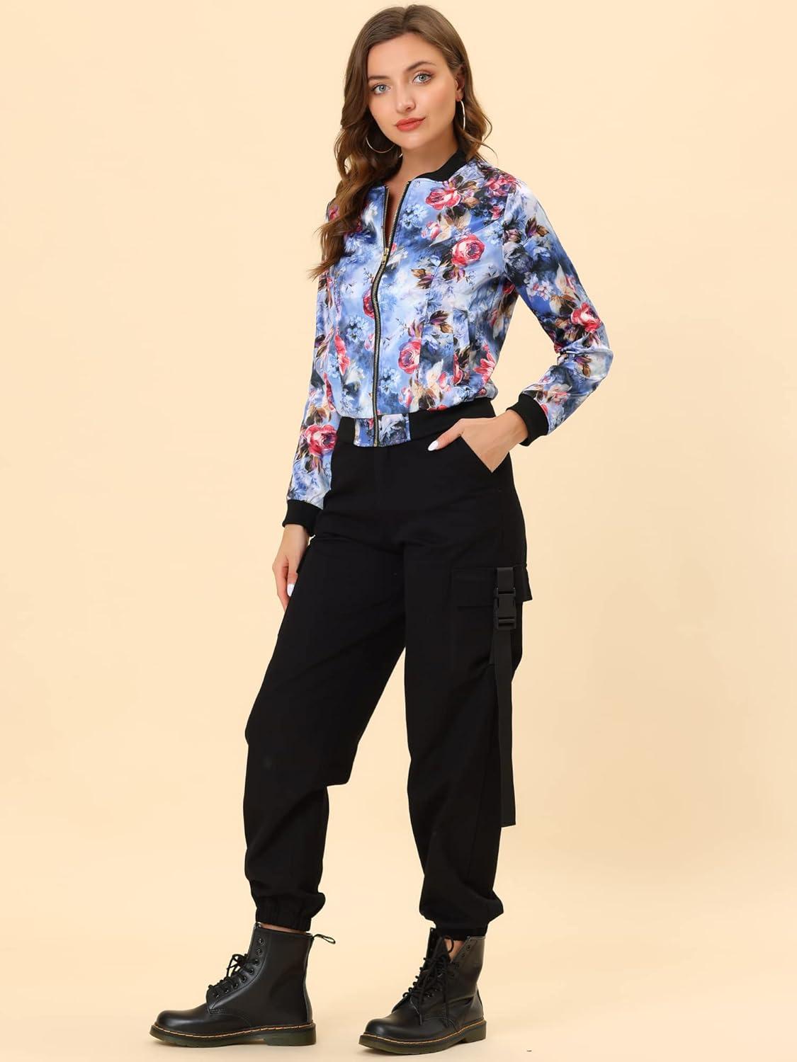 imageAllegra K Womens Bomber Jacket Satin Long Sleeve Zipper Floral Print Casual Fall Coat with Pocket Winter OutwearBlue