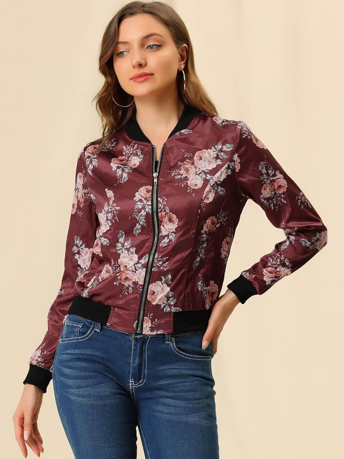 imageAllegra K Womens Bomber Jacket Satin Long Sleeve Zipper Floral Print Casual Fall Coat with Pocket Winter OutwearBurgundy