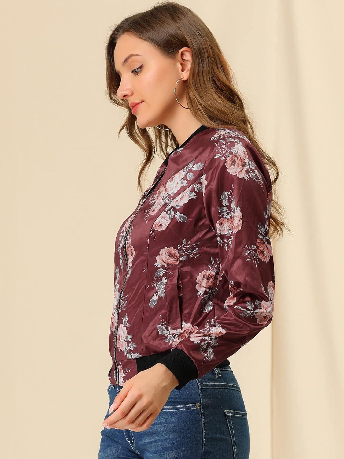 imageAllegra K Womens Bomber Jacket Satin Long Sleeve Zipper Floral Print Casual Fall Coat with Pocket Winter OutwearBurgundy