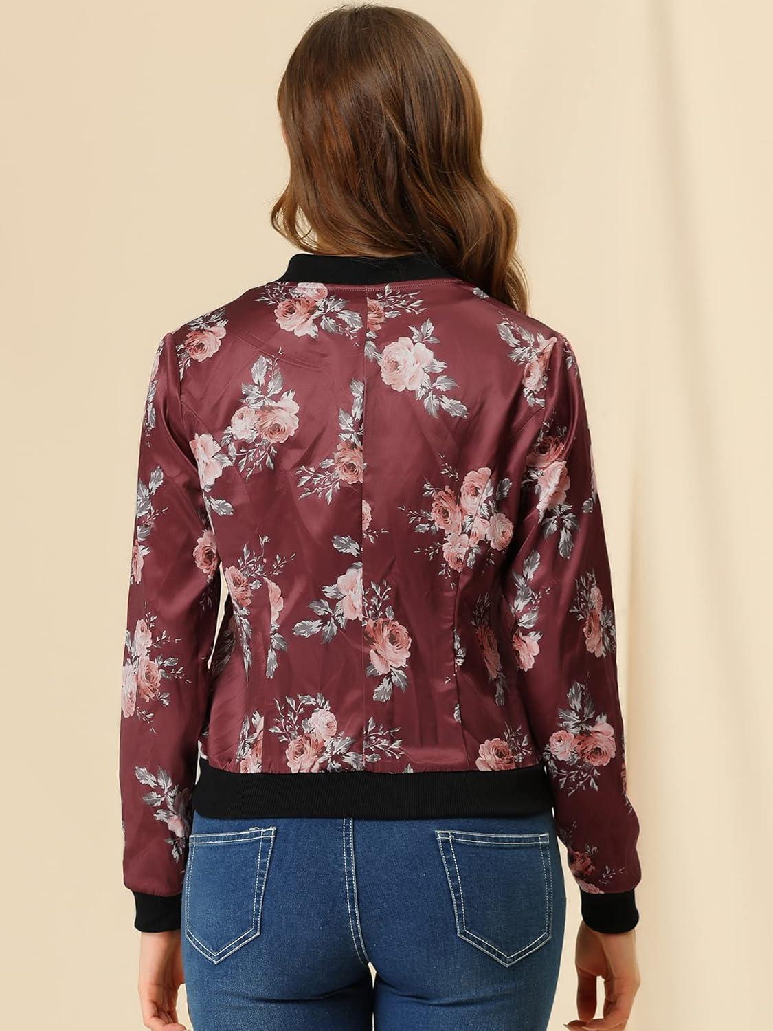 imageAllegra K Womens Bomber Jacket Satin Long Sleeve Zipper Floral Print Casual Fall Coat with Pocket Winter OutwearBurgundy