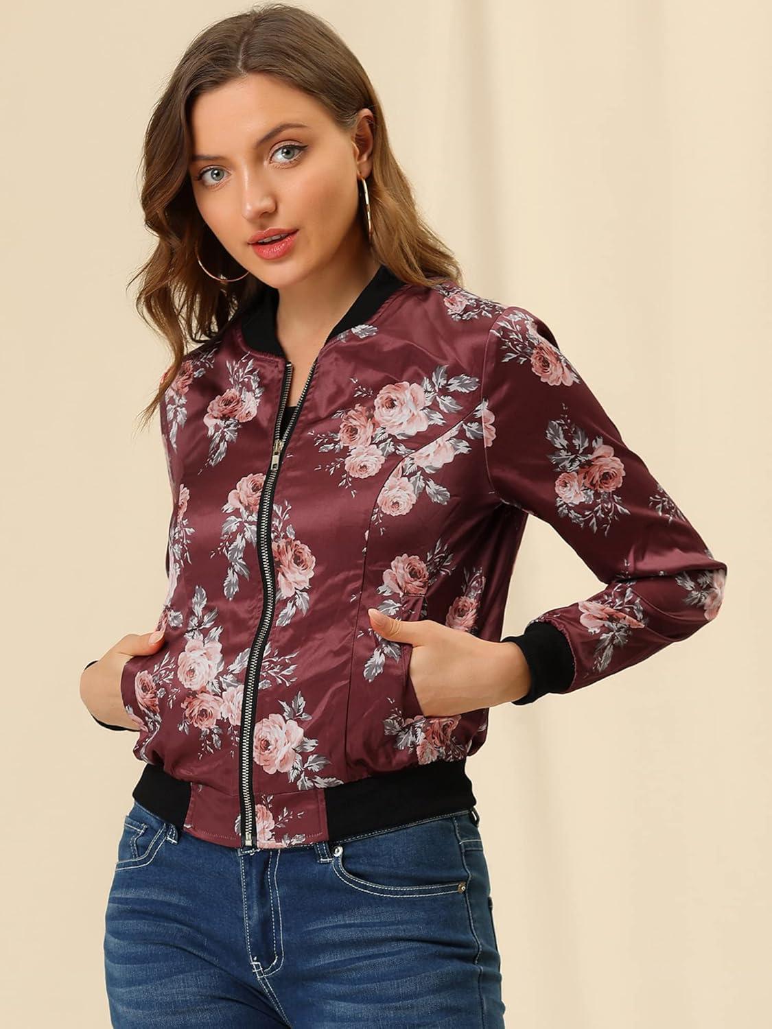 imageAllegra K Womens Bomber Jacket Satin Long Sleeve Zipper Floral Print Casual Fall Coat with Pocket Winter OutwearBurgundy