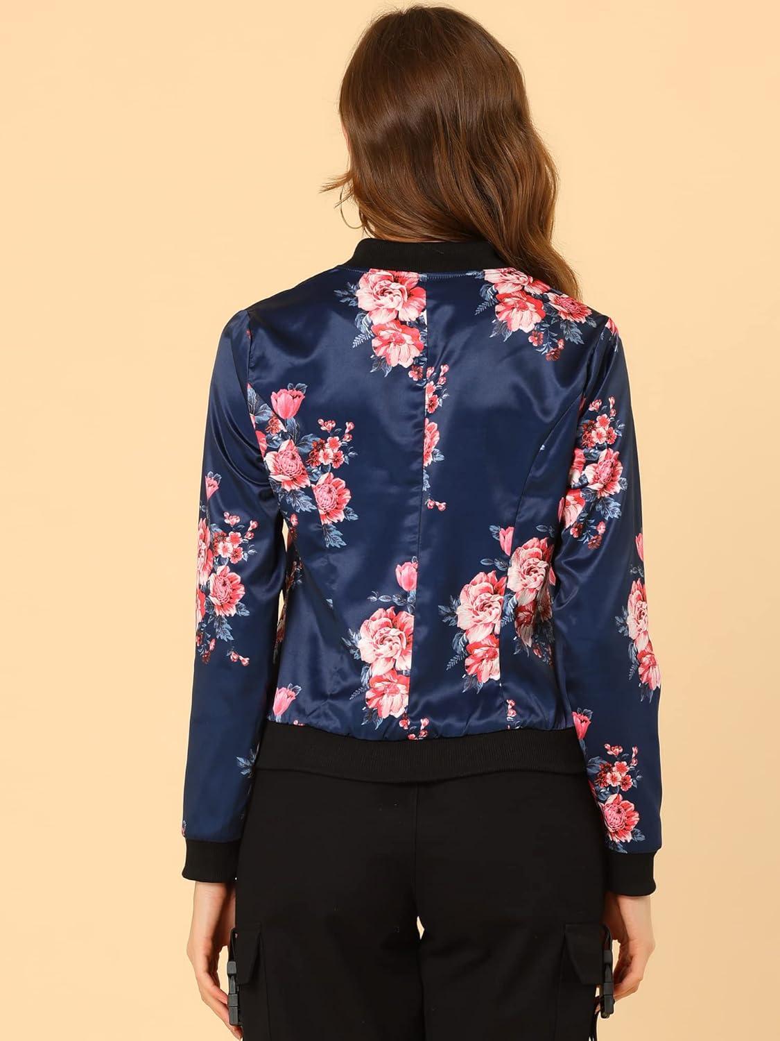 imageAllegra K Womens Bomber Jacket Satin Long Sleeve Zipper Floral Print Casual Fall Coat with Pocket Winter OutwearDark Blue