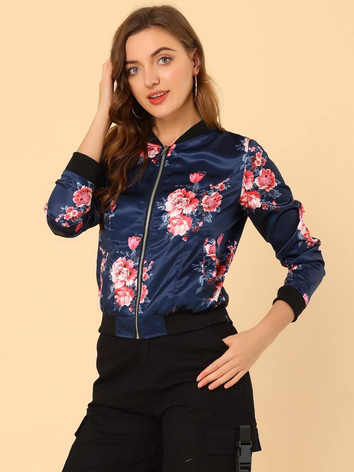 imageAllegra K Womens Bomber Jacket Satin Long Sleeve Zipper Floral Print Casual Fall Coat with Pocket Winter OutwearDark Blue
