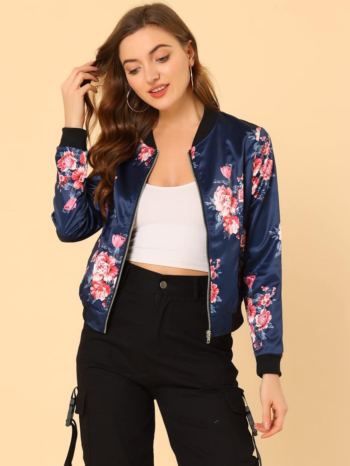 imageAllegra K Womens Bomber Jacket Satin Long Sleeve Zipper Floral Print Casual Fall Coat with Pocket Winter OutwearDark Blue