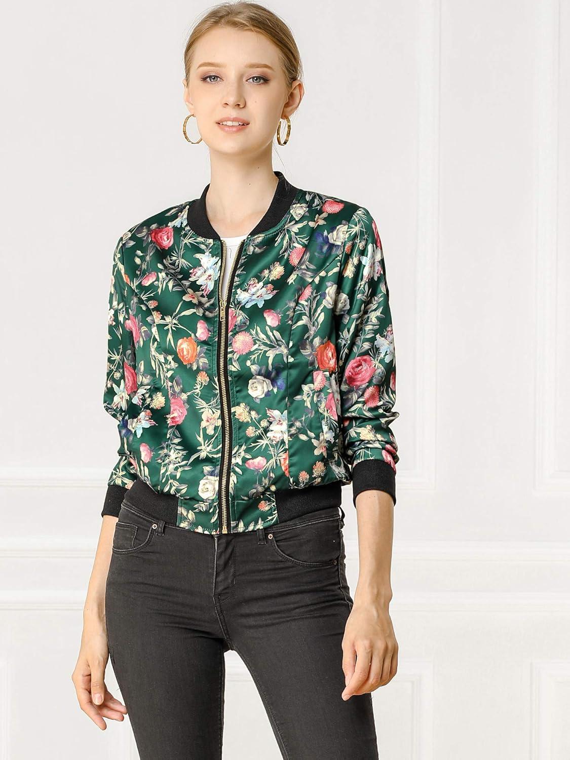 imageAllegra K Womens Bomber Jacket Satin Long Sleeve Zipper Floral Print Casual Fall Coat with Pocket Winter OutwearDark Green