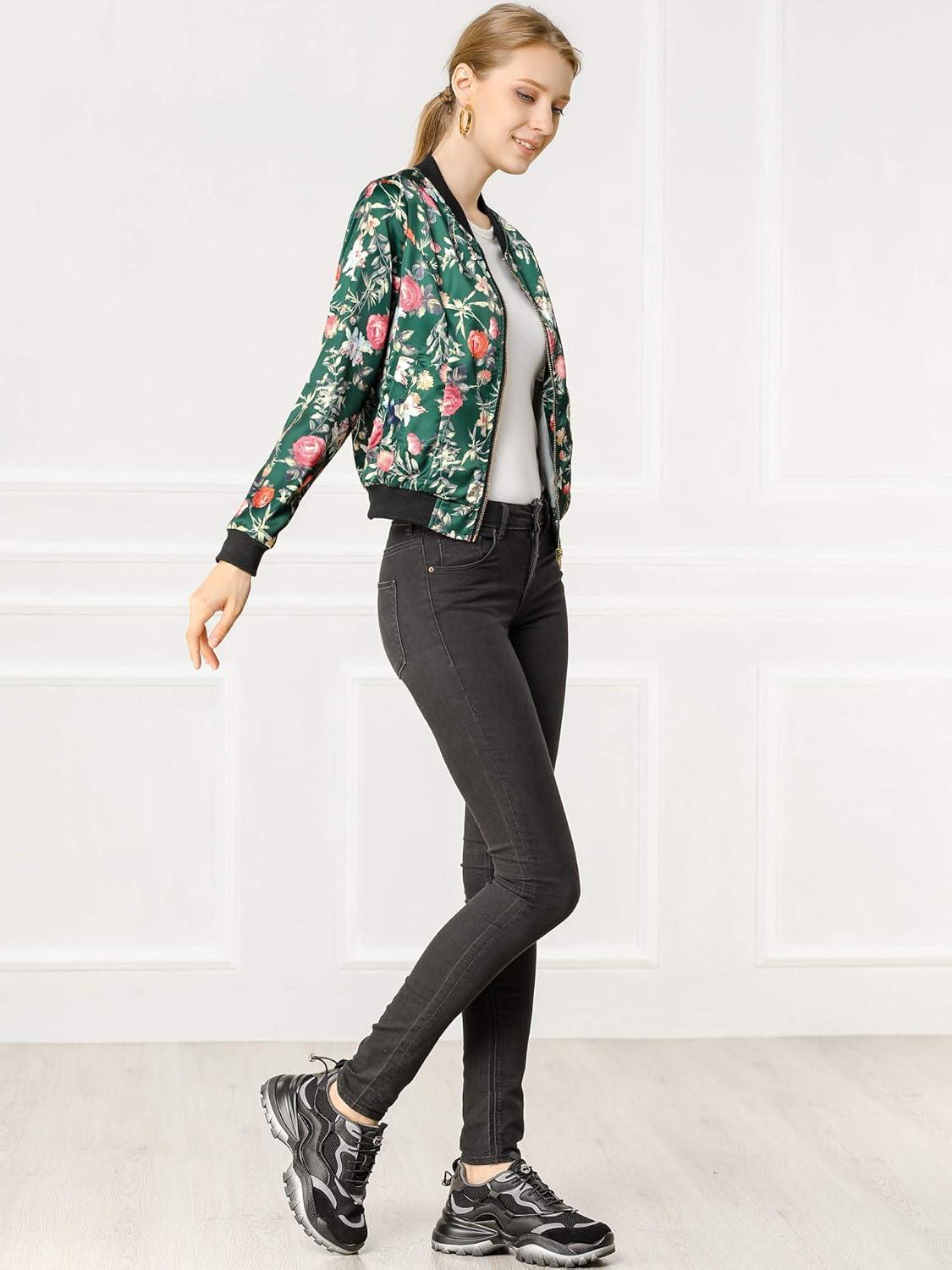 imageAllegra K Womens Bomber Jacket Satin Long Sleeve Zipper Floral Print Casual Fall Coat with Pocket Winter OutwearDark Green