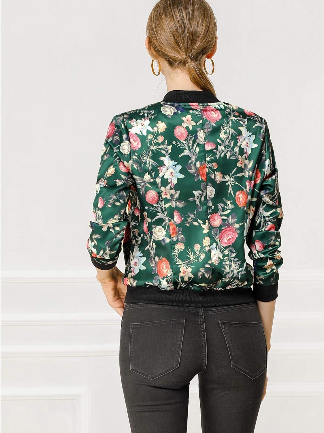 imageAllegra K Womens Bomber Jacket Satin Long Sleeve Zipper Floral Print Casual Fall Coat with Pocket Winter OutwearDark Green