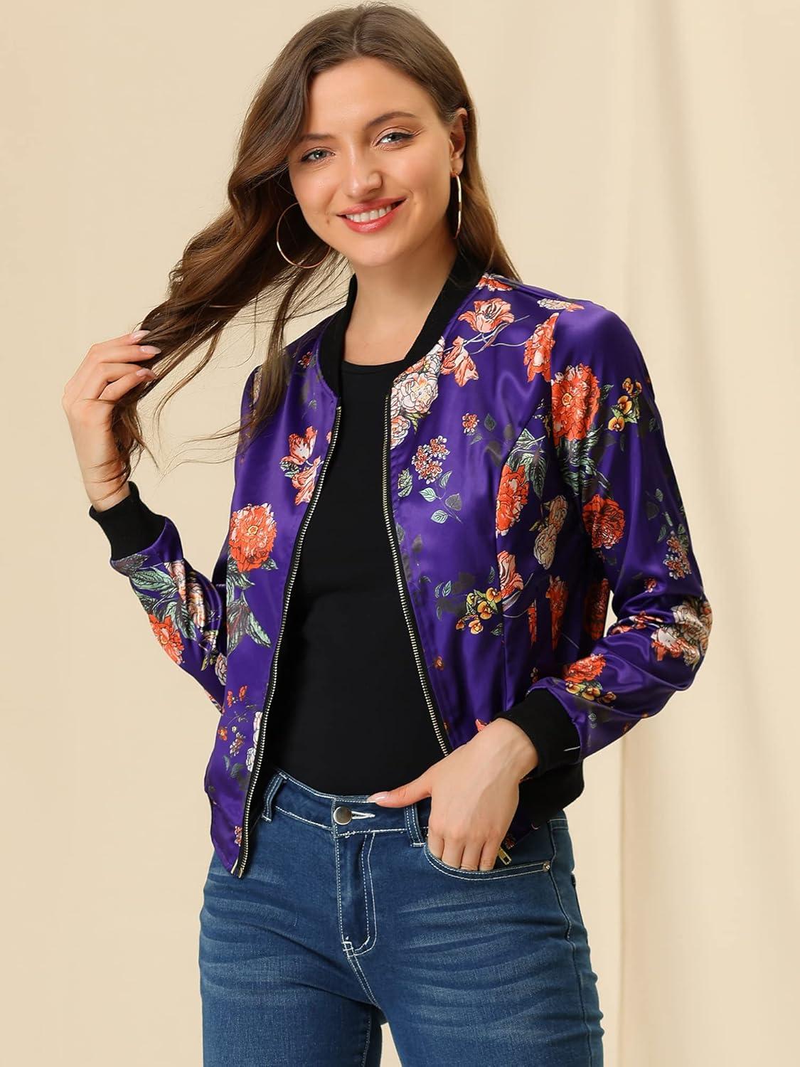 imageAllegra K Womens Bomber Jacket Satin Long Sleeve Zipper Floral Print Casual Fall Coat with Pocket Winter OutwearDeep Purple