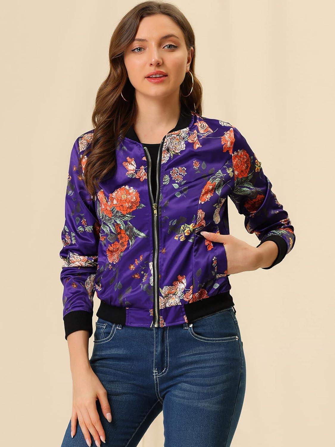 imageAllegra K Womens Bomber Jacket Satin Long Sleeve Zipper Floral Print Casual Fall Coat with Pocket Winter OutwearDeep Purple