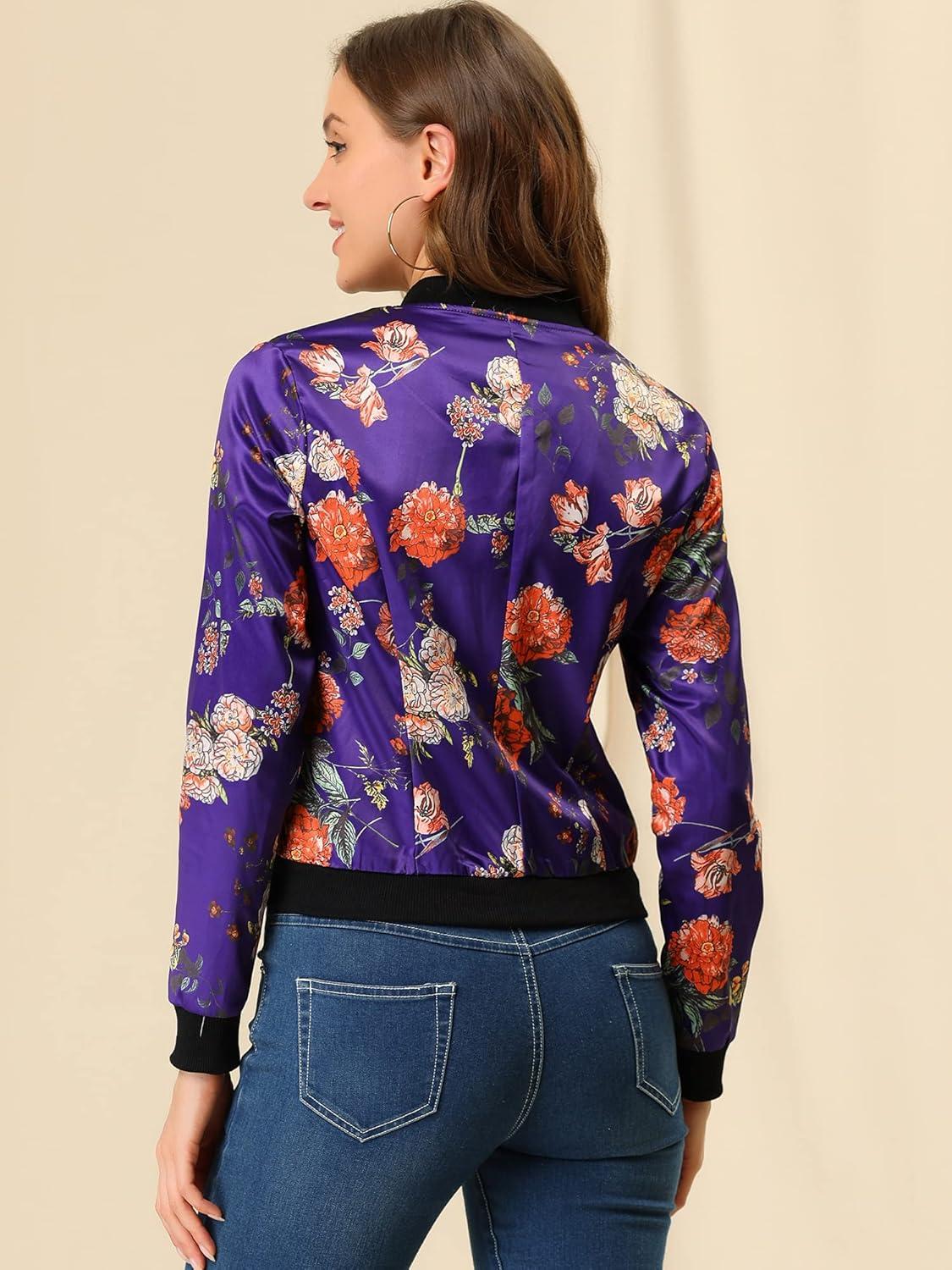 imageAllegra K Womens Bomber Jacket Satin Long Sleeve Zipper Floral Print Casual Fall Coat with Pocket Winter OutwearDeep Purple