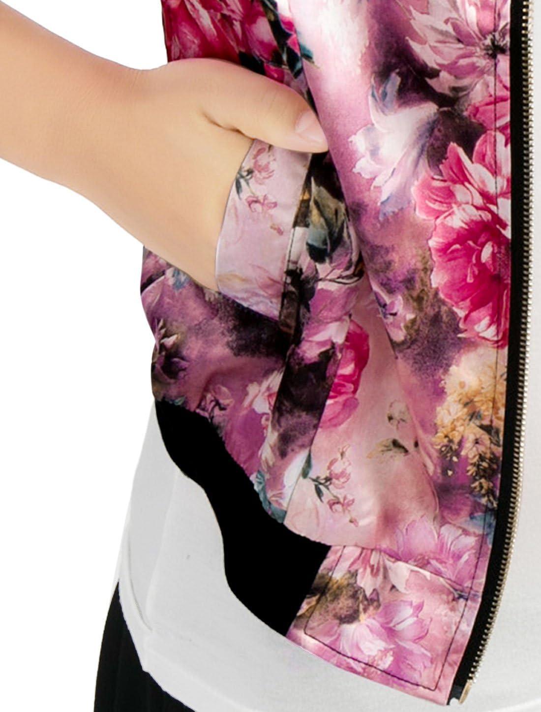imageAllegra K Womens Bomber Jacket Satin Long Sleeve Zipper Floral Print Casual Fall Coat with Pocket Winter OutwearFuchsia