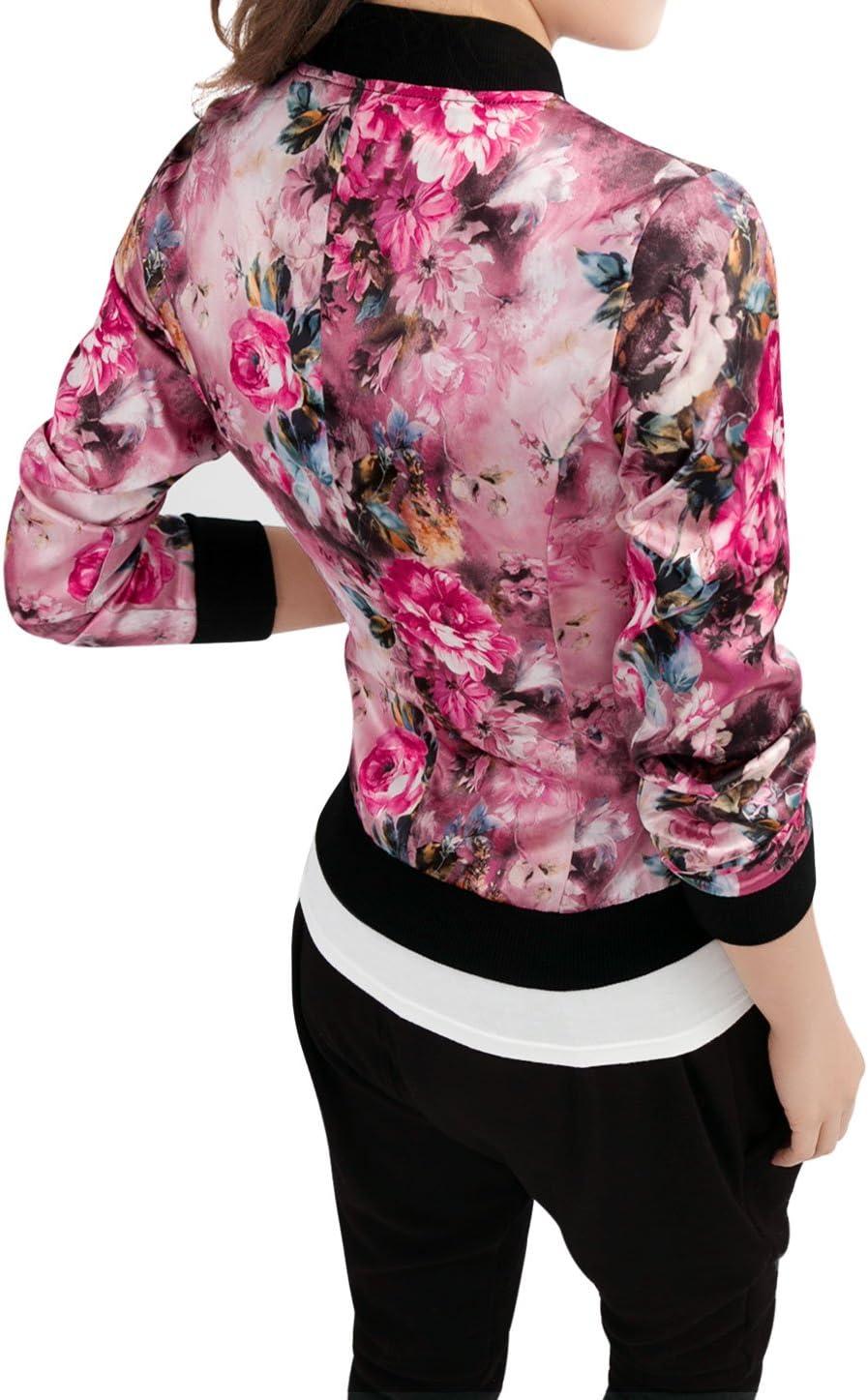 imageAllegra K Womens Bomber Jacket Satin Long Sleeve Zipper Floral Print Casual Fall Coat with Pocket Winter OutwearFuchsia