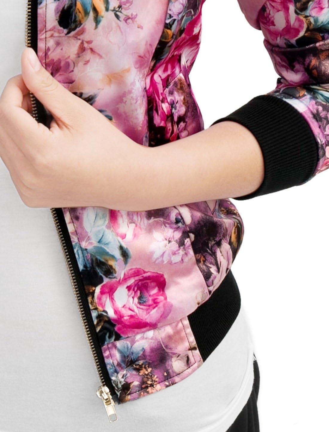 imageAllegra K Womens Bomber Jacket Satin Long Sleeve Zipper Floral Print Casual Fall Coat with Pocket Winter OutwearFuchsia