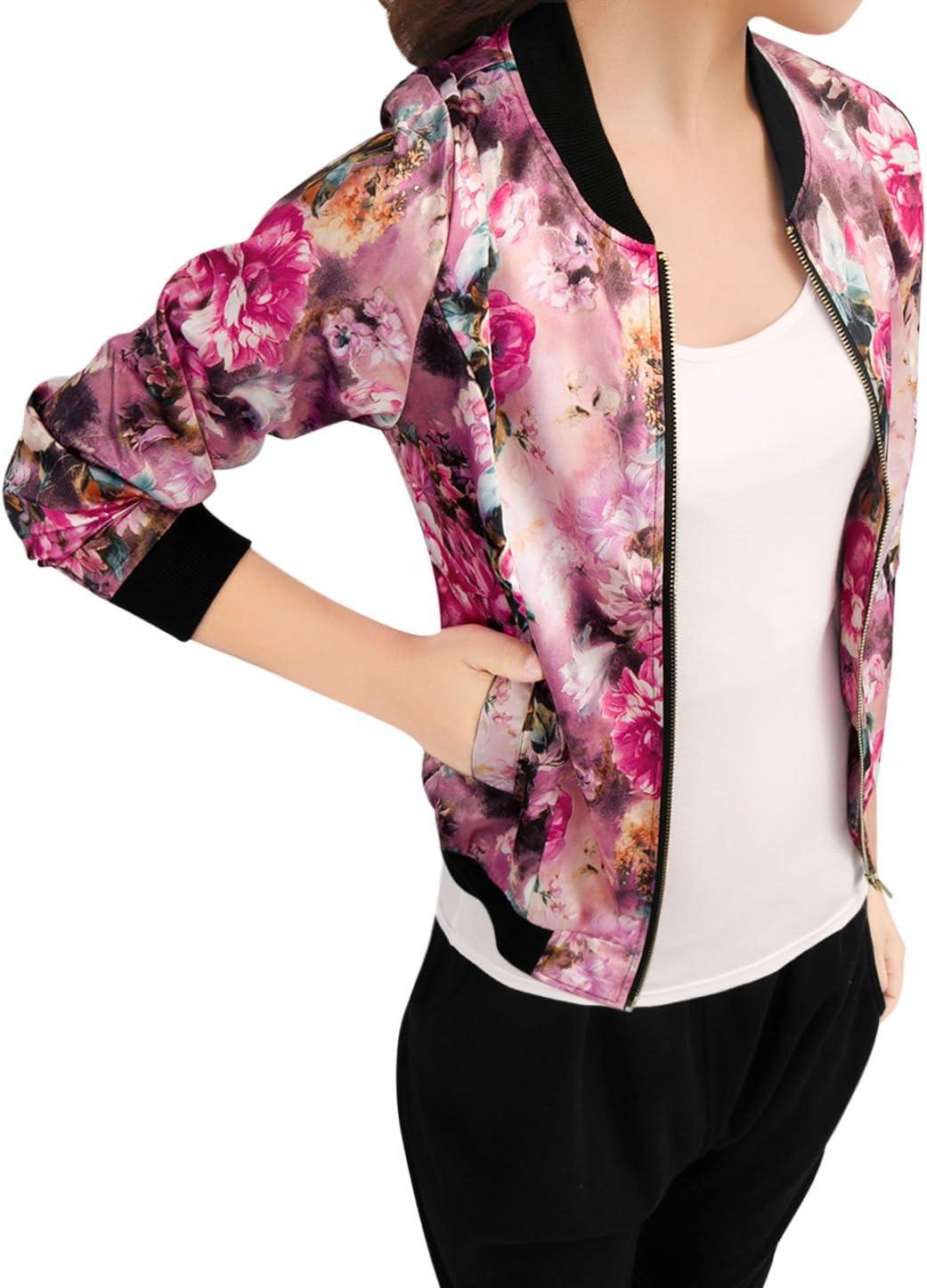 imageAllegra K Womens Bomber Jacket Satin Long Sleeve Zipper Floral Print Casual Fall Coat with Pocket Winter OutwearFuchsia