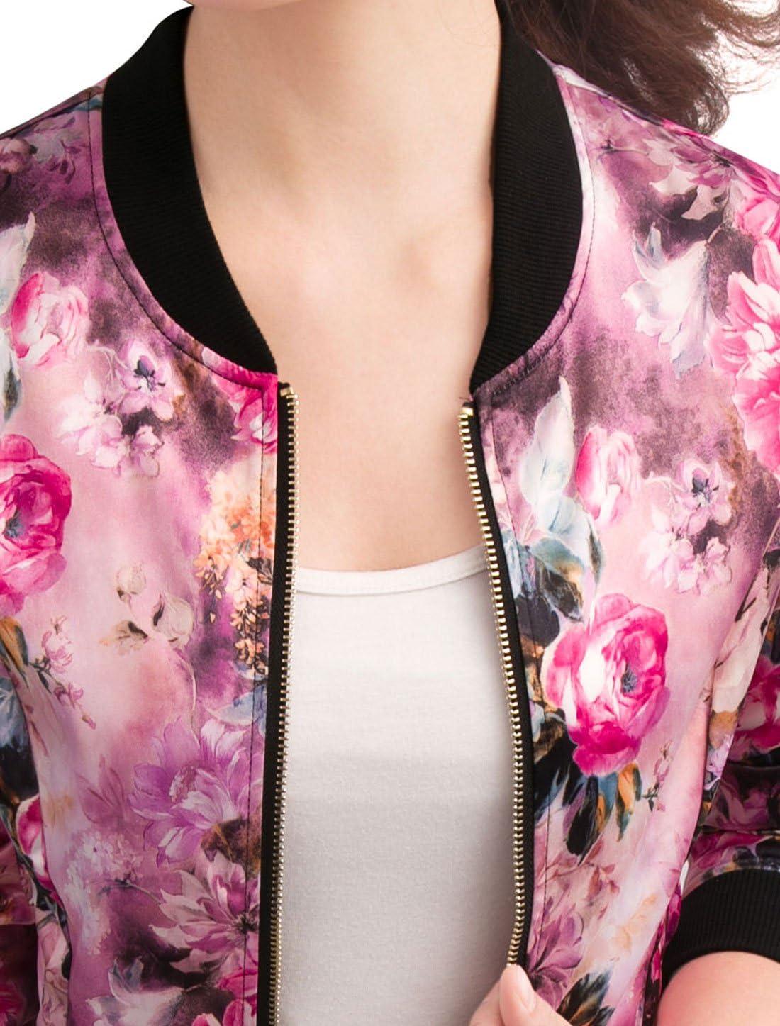 imageAllegra K Womens Bomber Jacket Satin Long Sleeve Zipper Floral Print Casual Fall Coat with Pocket Winter OutwearFuchsia
