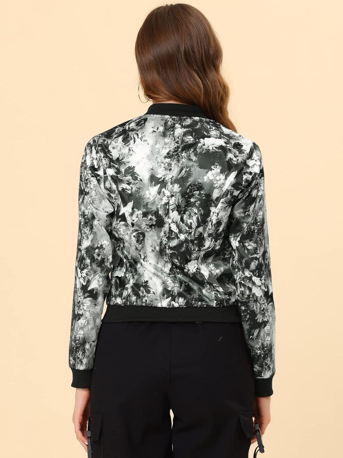 imageAllegra K Womens Bomber Jacket Satin Long Sleeve Zipper Floral Print Casual Fall Coat with Pocket Winter OutwearGray