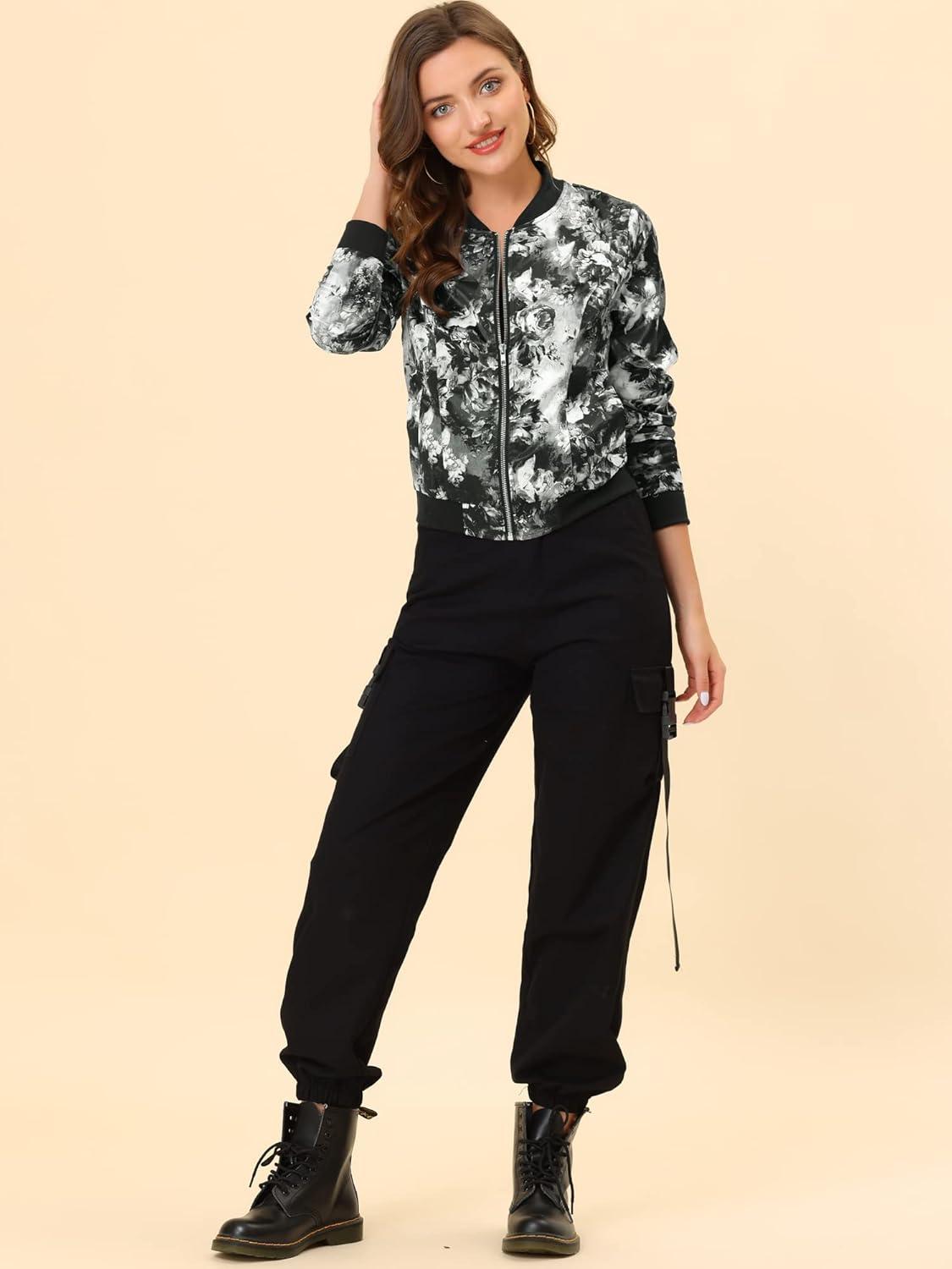 imageAllegra K Womens Bomber Jacket Satin Long Sleeve Zipper Floral Print Casual Fall Coat with Pocket Winter OutwearGray