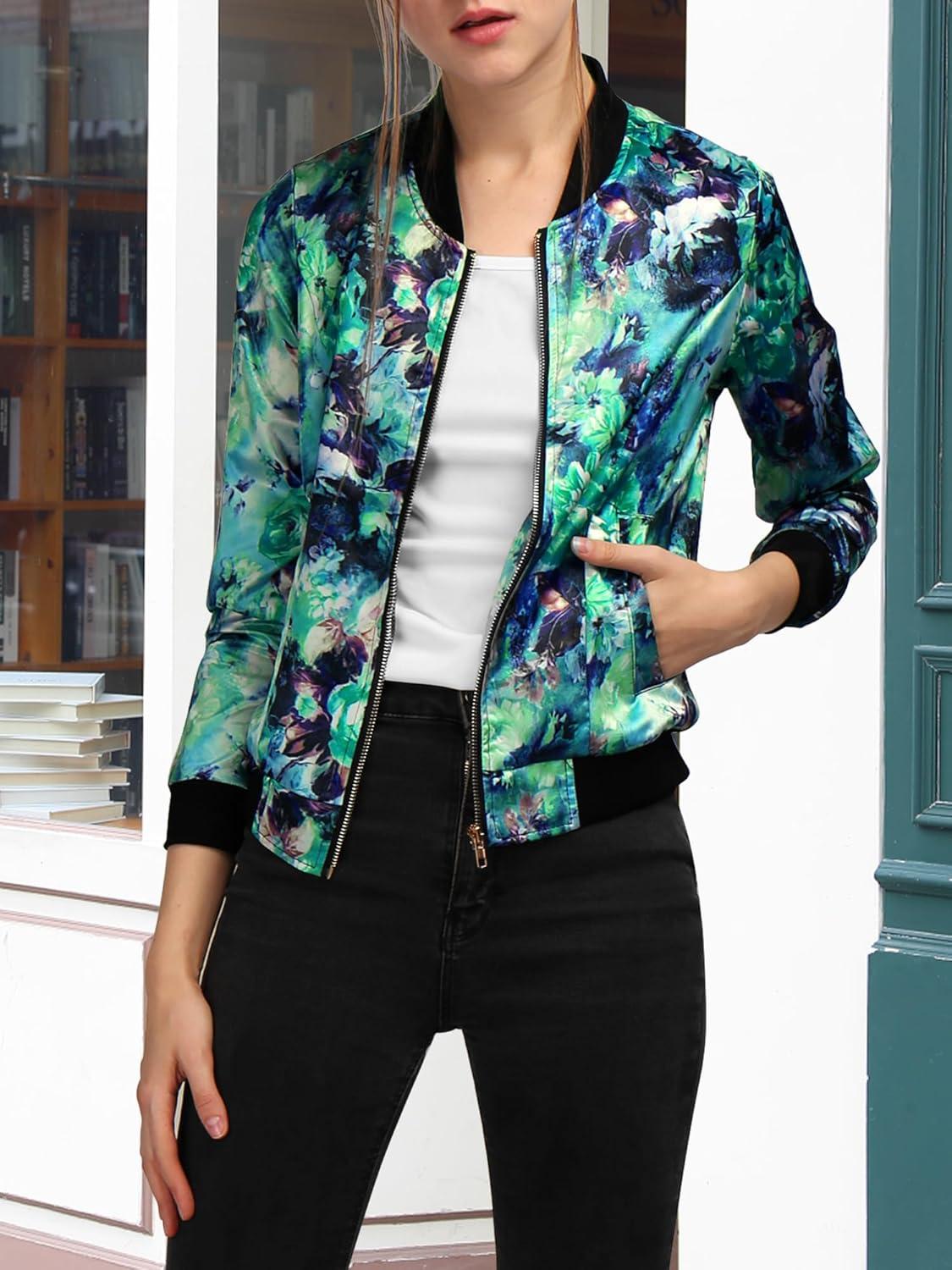 imageAllegra K Womens Bomber Jacket Satin Long Sleeve Zipper Floral Print Casual Fall Coat with Pocket Winter OutwearGreen