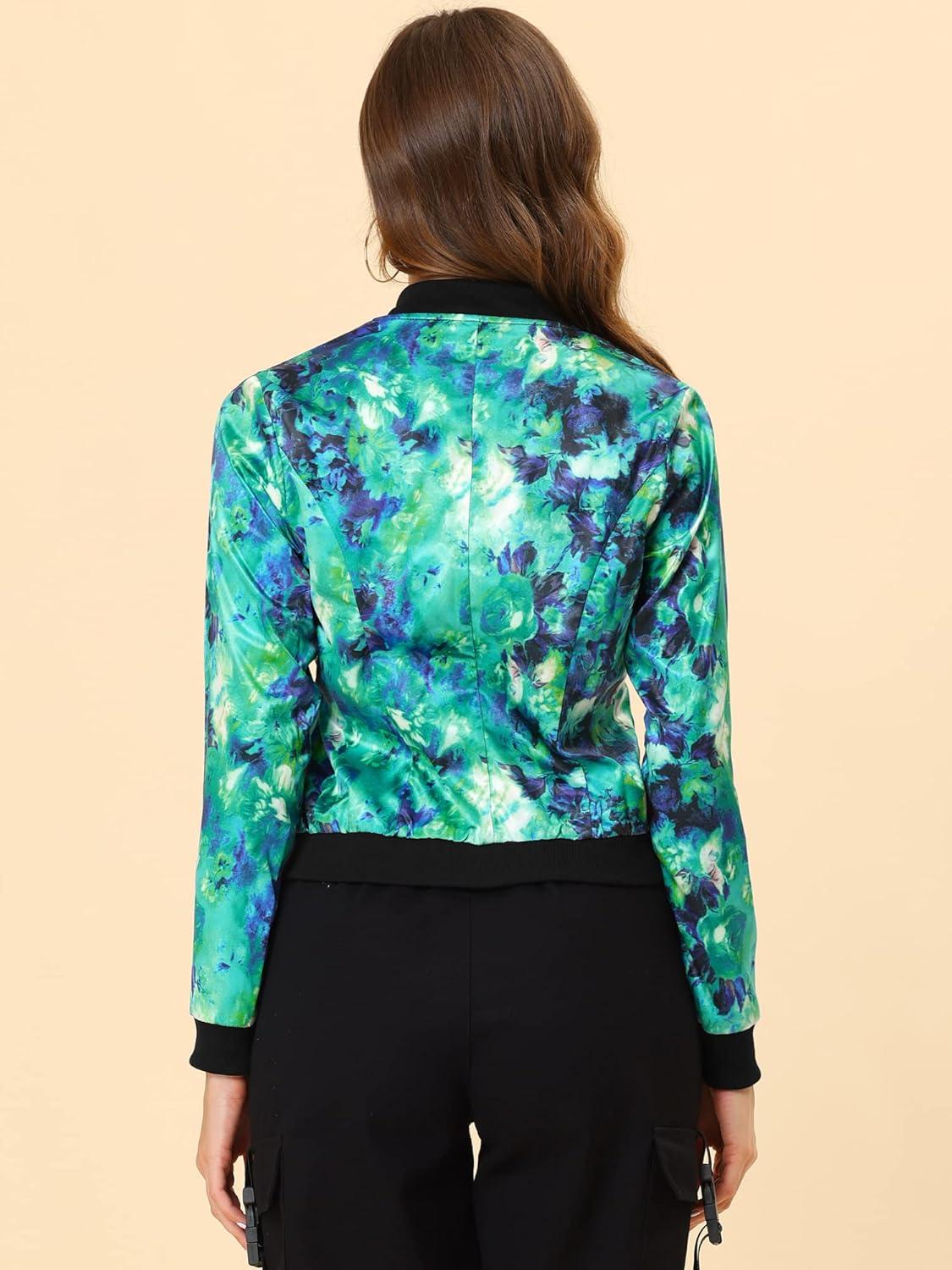 imageAllegra K Womens Bomber Jacket Satin Long Sleeve Zipper Floral Print Casual Fall Coat with Pocket Winter OutwearGreen