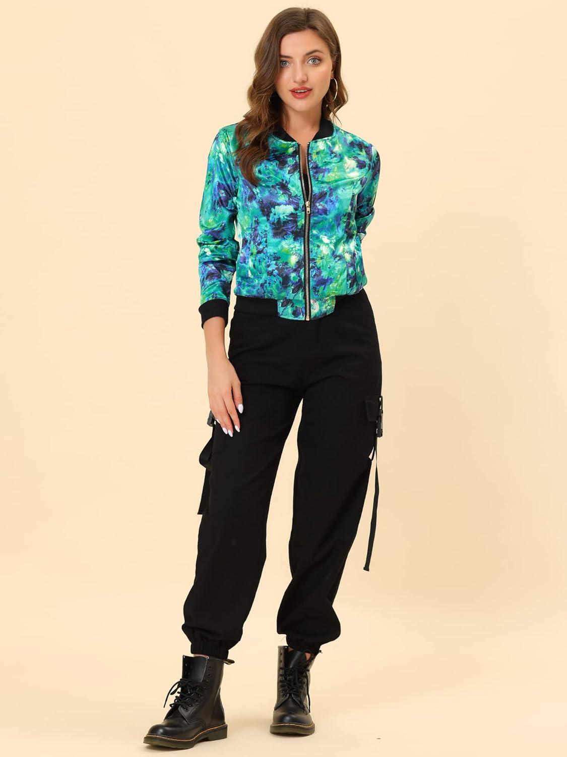 imageAllegra K Womens Bomber Jacket Satin Long Sleeve Zipper Floral Print Casual Fall Coat with Pocket Winter OutwearGreen