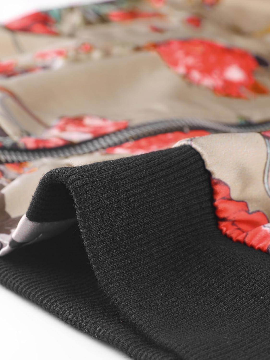 imageAllegra K Womens Bomber Jacket Satin Long Sleeve Zipper Floral Print Casual Fall Coat with Pocket Winter OutwearKhaki