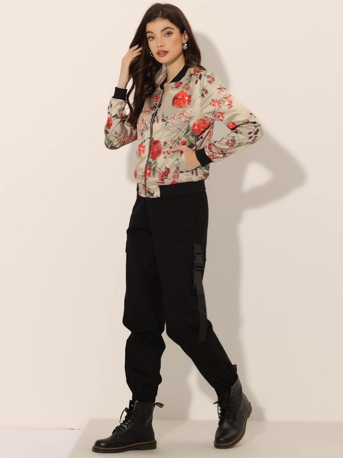 imageAllegra K Womens Bomber Jacket Satin Long Sleeve Zipper Floral Print Casual Fall Coat with Pocket Winter OutwearKhaki