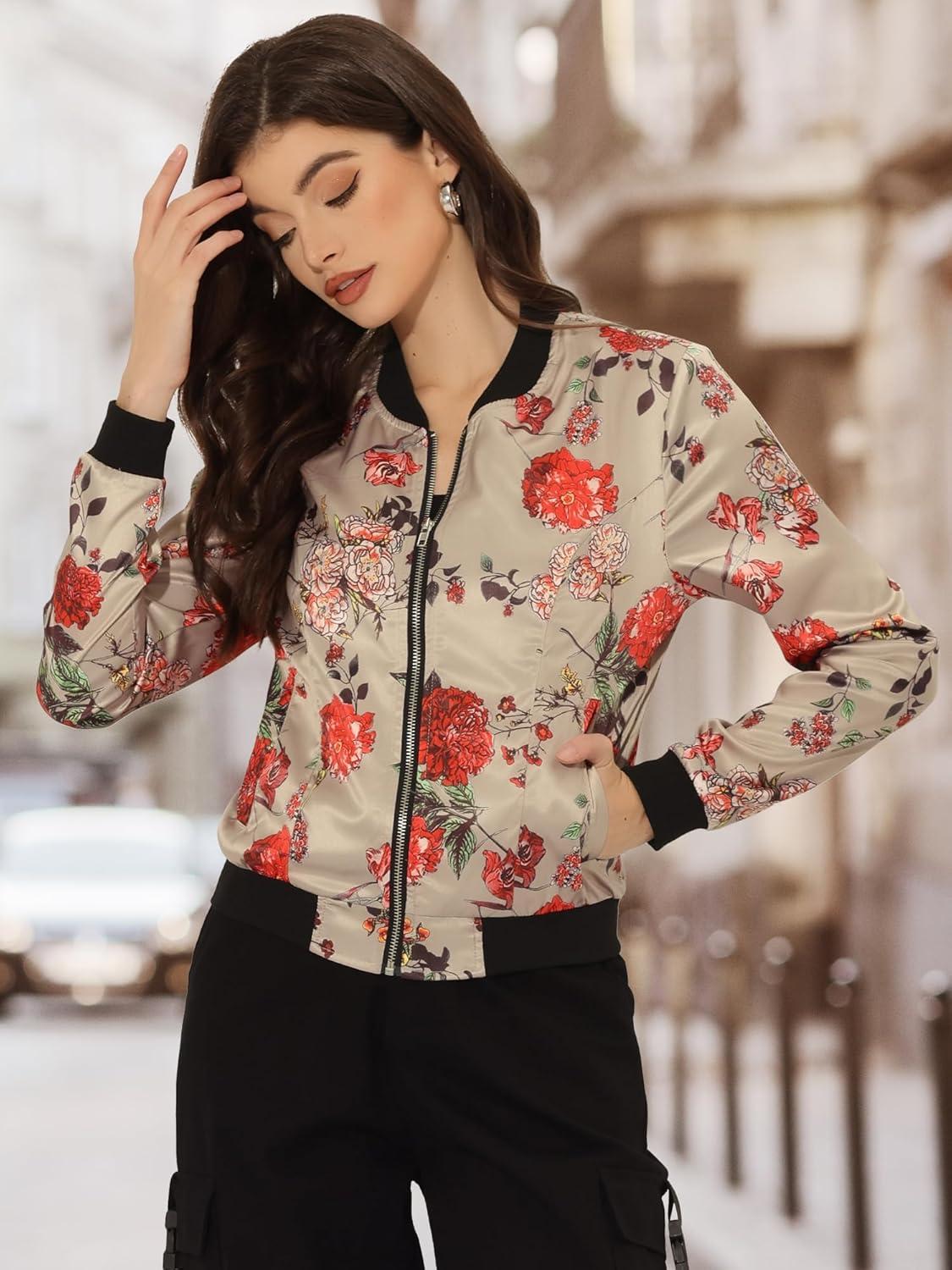 imageAllegra K Womens Bomber Jacket Satin Long Sleeve Zipper Floral Print Casual Fall Coat with Pocket Winter OutwearKhaki