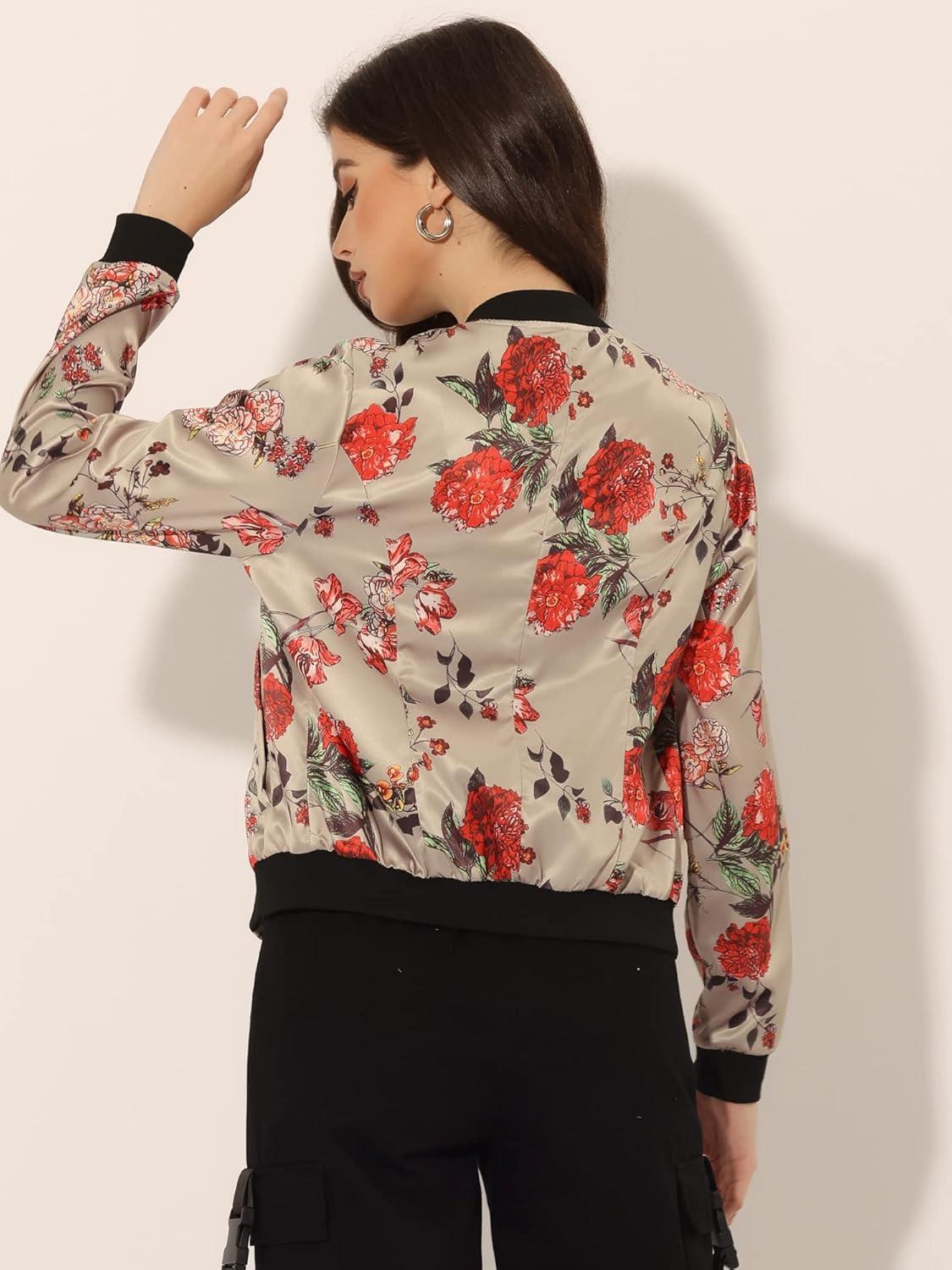 imageAllegra K Womens Bomber Jacket Satin Long Sleeve Zipper Floral Print Casual Fall Coat with Pocket Winter OutwearKhaki