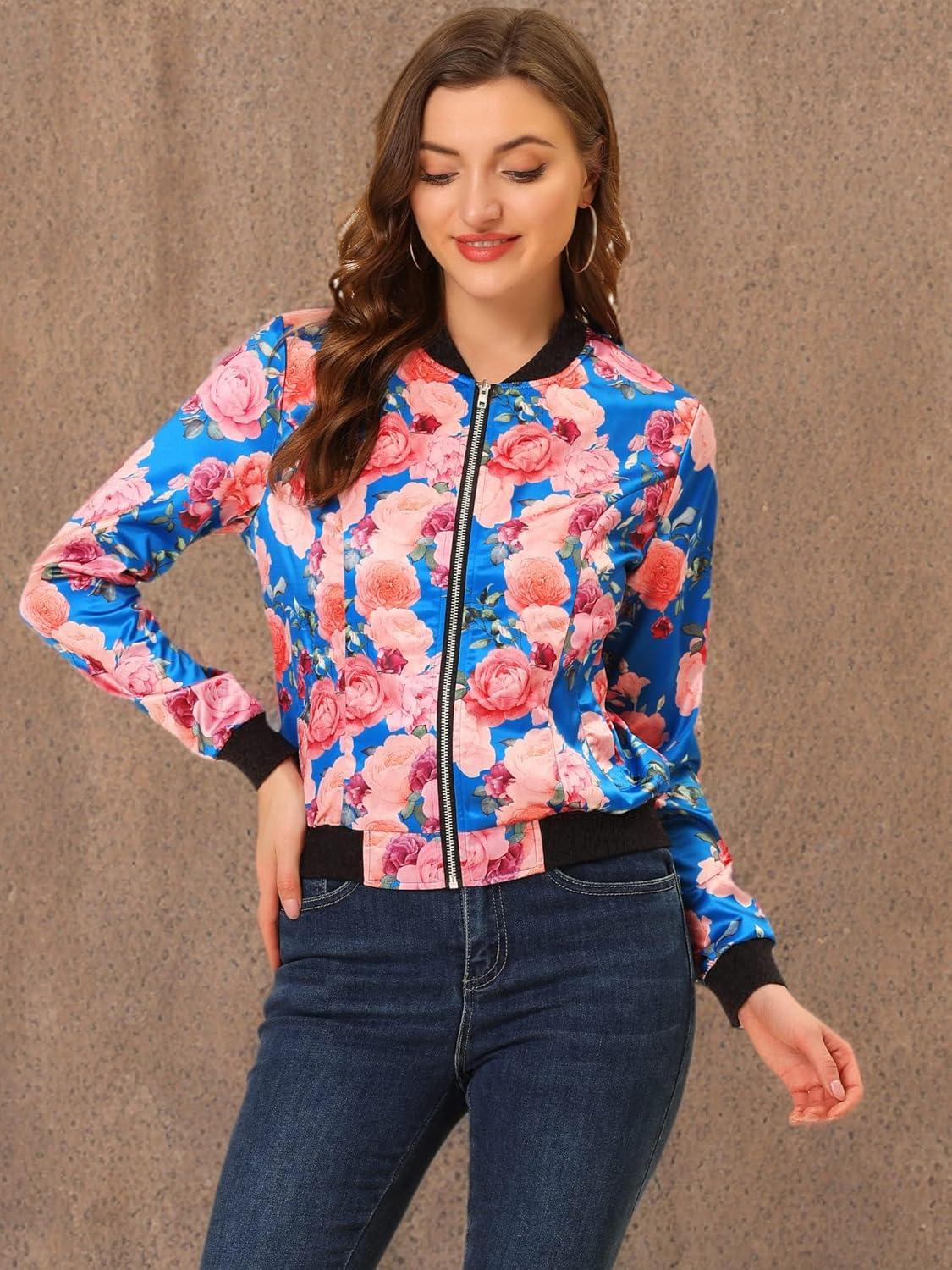 imageAllegra K Womens Bomber Jacket Satin Long Sleeve Zipper Floral Print Casual Fall Coat with Pocket Winter OutwearLake Blue