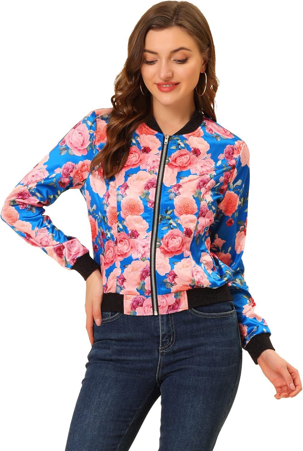 imageAllegra K Womens Bomber Jacket Satin Long Sleeve Zipper Floral Print Casual Fall Coat with Pocket Winter OutwearLake Blue