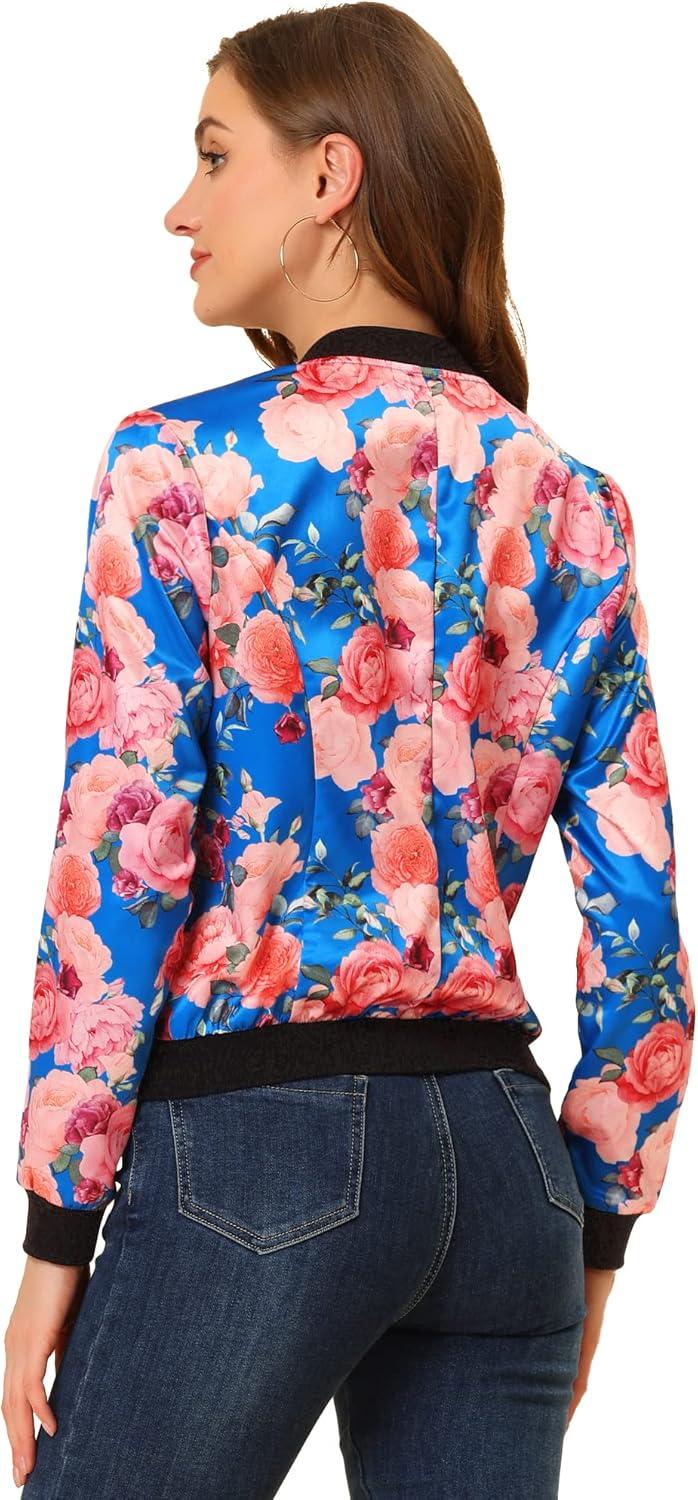 imageAllegra K Womens Bomber Jacket Satin Long Sleeve Zipper Floral Print Casual Fall Coat with Pocket Winter OutwearLake Blue