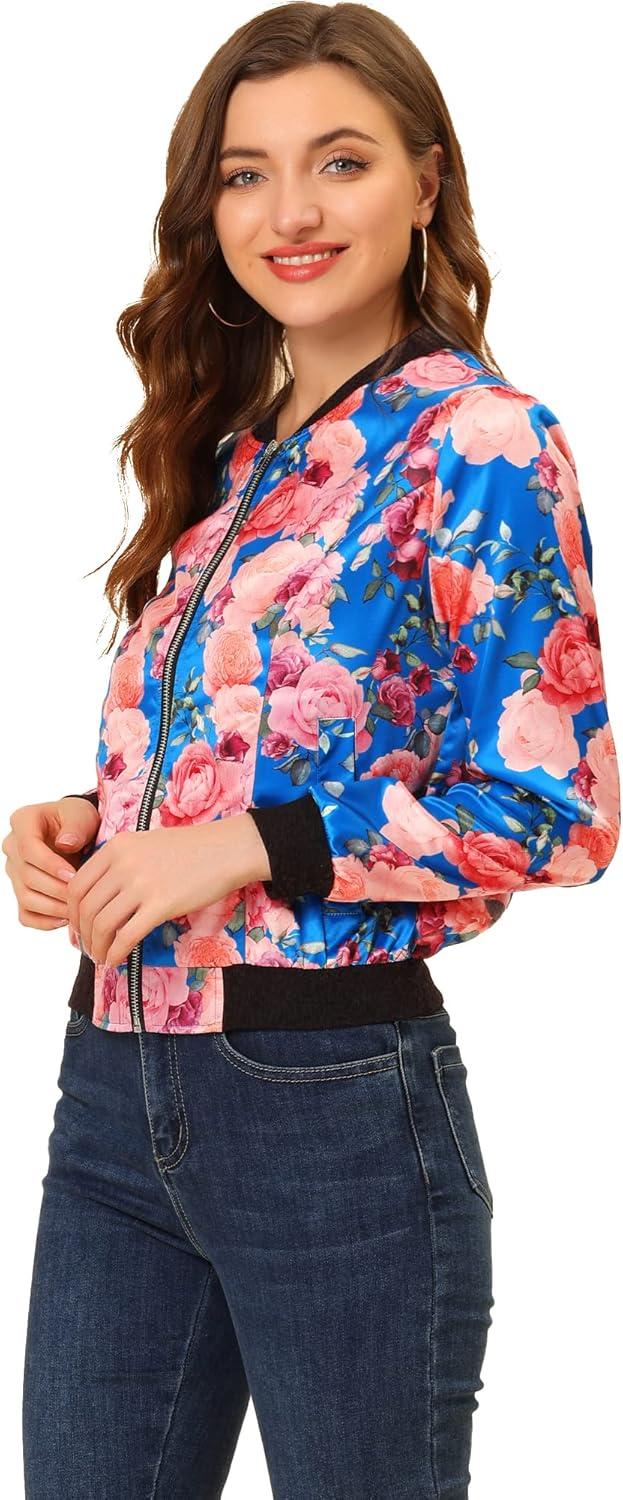 imageAllegra K Womens Bomber Jacket Satin Long Sleeve Zipper Floral Print Casual Fall Coat with Pocket Winter OutwearLake Blue