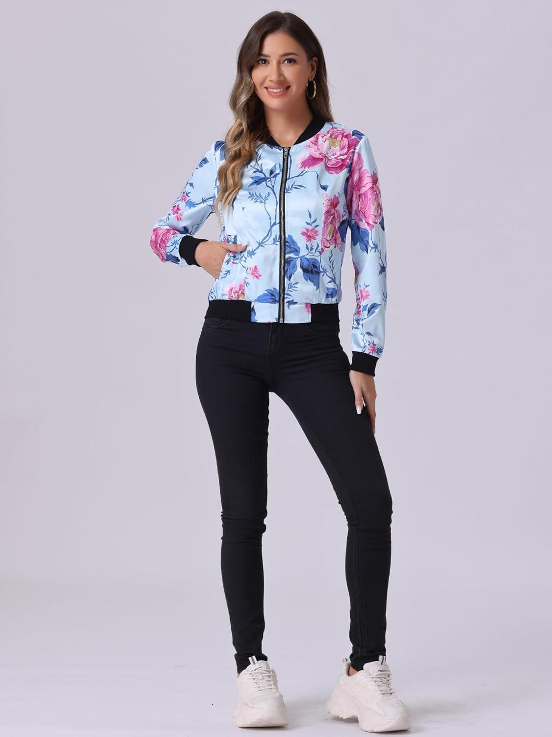 imageAllegra K Womens Bomber Jacket Satin Long Sleeve Zipper Floral Print Casual Fall Coat with Pocket Winter OutwearLight Blue
