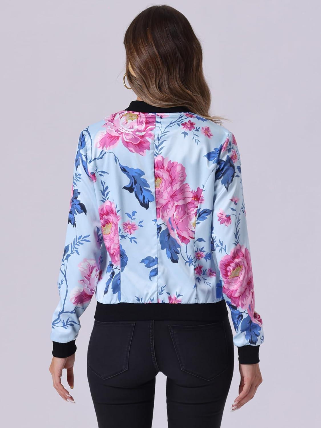 imageAllegra K Womens Bomber Jacket Satin Long Sleeve Zipper Floral Print Casual Fall Coat with Pocket Winter OutwearLight Blue