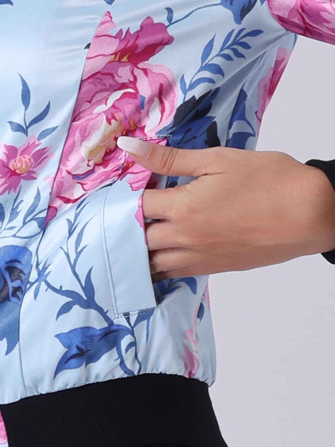 imageAllegra K Womens Bomber Jacket Satin Long Sleeve Zipper Floral Print Casual Fall Coat with Pocket Winter OutwearLight Blue