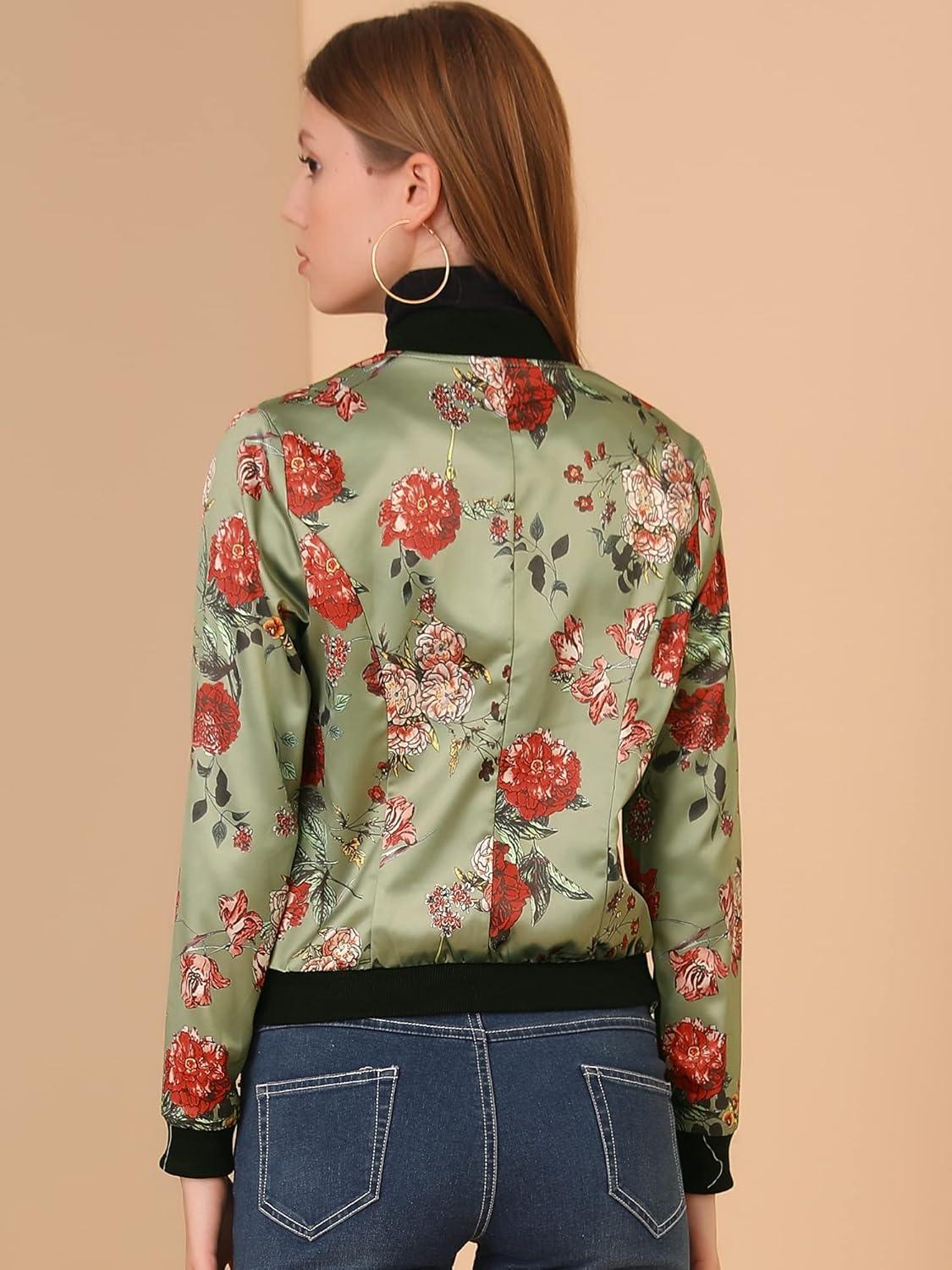imageAllegra K Womens Bomber Jacket Satin Long Sleeve Zipper Floral Print Casual Fall Coat with Pocket Winter OutwearLight Green