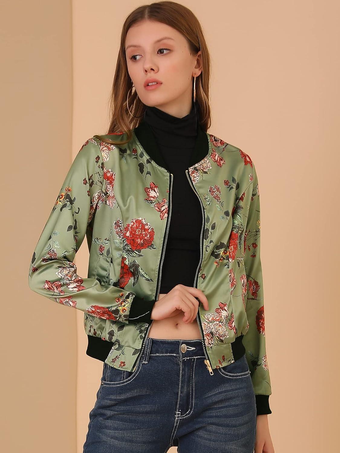 imageAllegra K Womens Bomber Jacket Satin Long Sleeve Zipper Floral Print Casual Fall Coat with Pocket Winter OutwearLight Green
