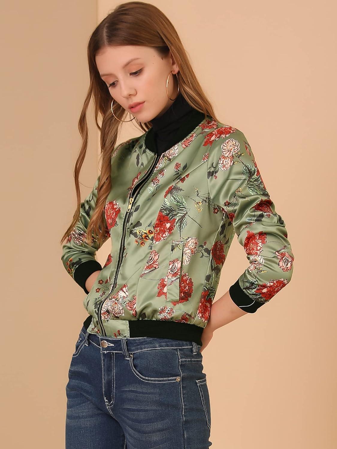 imageAllegra K Womens Bomber Jacket Satin Long Sleeve Zipper Floral Print Casual Fall Coat with Pocket Winter OutwearLight Green